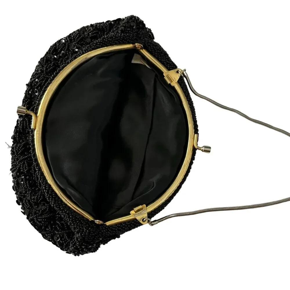 Vintage 1960's Beaded Clutch Handbag Bag Made in Hong Kong Black